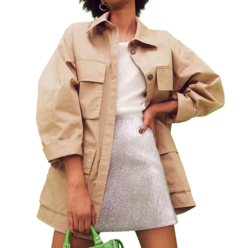 H&M | Women | Neutral Tan Cotton Twill Safari Utility Shirt Jacket | Size XL